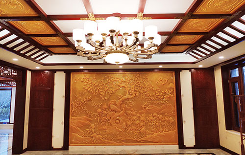 茂名中式别墅客厅中式木作横梁吊顶装饰展示